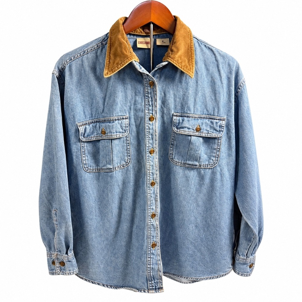 Vintage Crossroads Denim Shirt M Interchangeable Collars Leopard Corduroy 90s